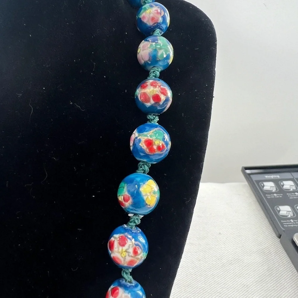 Vintage Blue Cloisonne Double Hand Knotted bead necklace and earrings